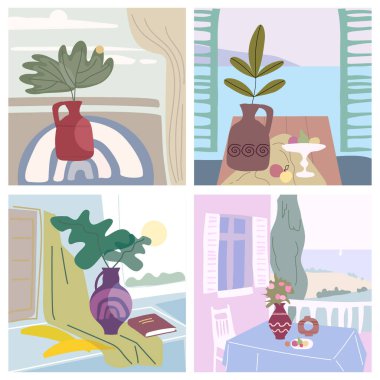 Hayatı soyut minimalizme göre ayarla. Koleksiyon vazosu flora iç soyut elementler şekilleri. Modern poster, afiş, kapak, sosyal medya içeriği. Vektör izole edildi