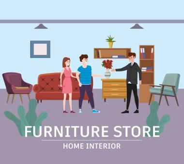 Mobilya dükkanı, alışveriş merkezi işi. Birkaç erkek, kadın ve alıcı asistanı. Koltuklar, sandalyeler, koltuklar, kitaplık, bitkiler ve dekorasyon. Vektör illüstrasyonu