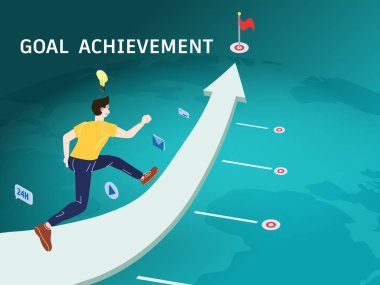 Gol başarısı Genç Adam başarıyı tamamlamak için bitiş çizgisine giden yolda yön oku boyunca koş. Kazanan yarışma illüstrasyonu.