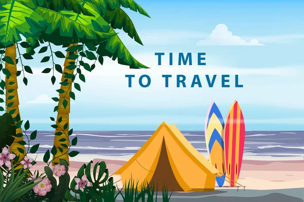 Il est temps de voyager. Tente touristique camping sur la plage tropicale, planches de surf, palmiers. Vacances d'été littoral plage mer, océan, surf, voyage, coucher de soleil — Image vectorielle
