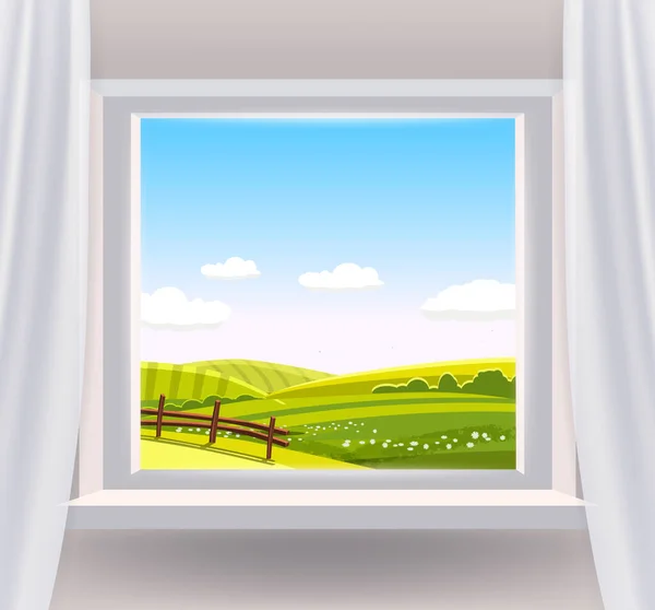 Offene Fenster im Inneren zu Hause mit Blick auf die ländliche Landschaft Natur. Land Frühling Sommer Landschaft aus dem Fenster der grünen Wiesen Felder Panorama. Vektorillustration — Stockvektor