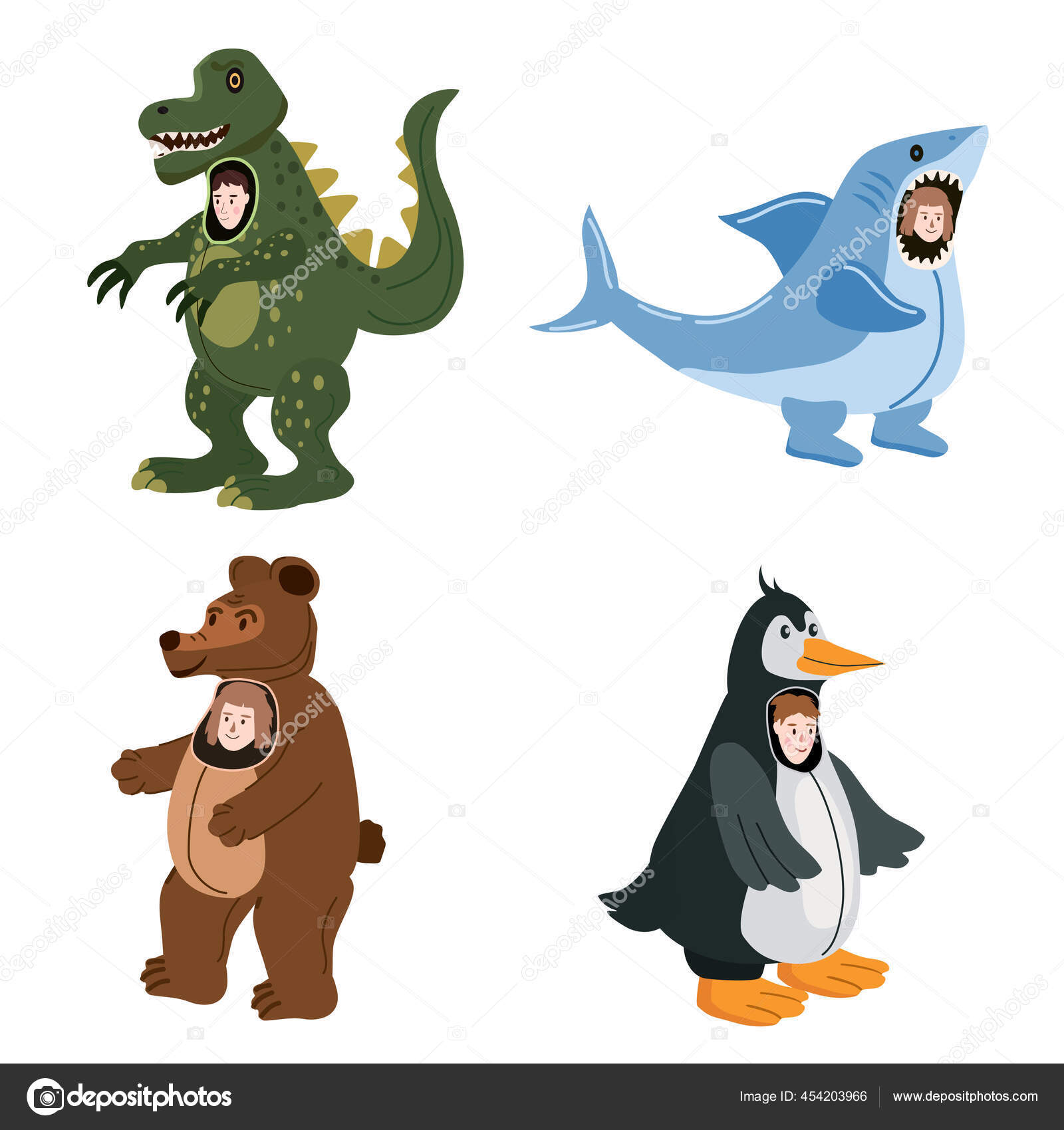 设置演员在动物恐龙，鲨鱼，熊，企鹅服装。主题派对，生日小孩，儿童动画师，穿着演出者角色参加节日化装舞会，狂欢节。矢量漫画平面图库矢量图©ValeriHadeev  454203966, image size:1600x1700
