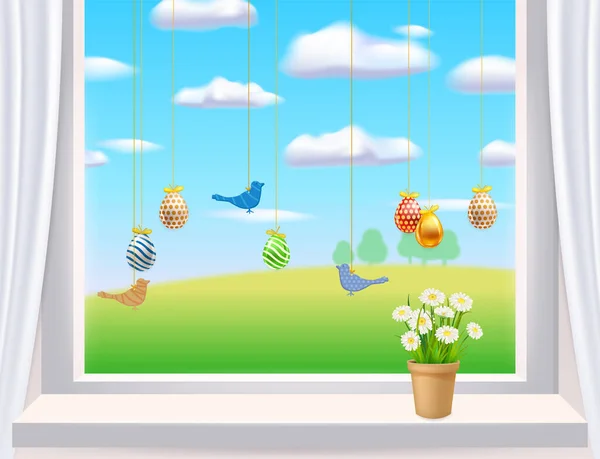 Easter window inerior with colored Easter eggs and birds. Colorful spring flowers chamomile, dandelions in pot. Vew on country rural landscape. Spring holiday poster