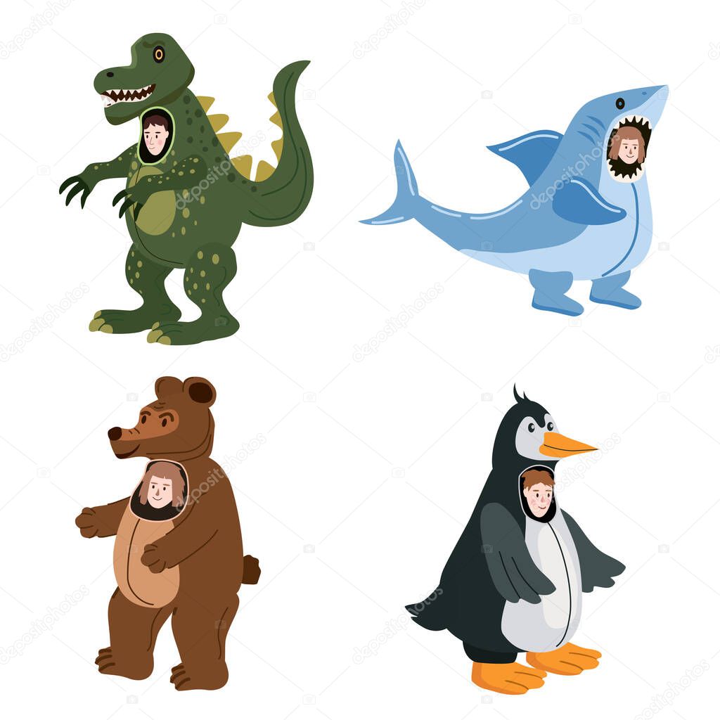 Set Actors in animal Dinosaur, Shark, Bear, Penguin costume. Theme party, Birthday kid, children animator, entertainer wearing performer character for holiday masquerade, carnival. Vector cartoon flat
