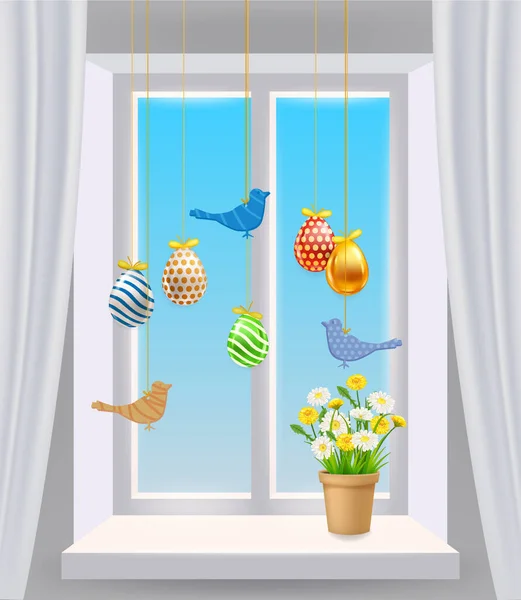 Easter window with colored Easter eggs and birds. Colorful spring flowers chamomile, dandelions in pot. Spring holiday poster