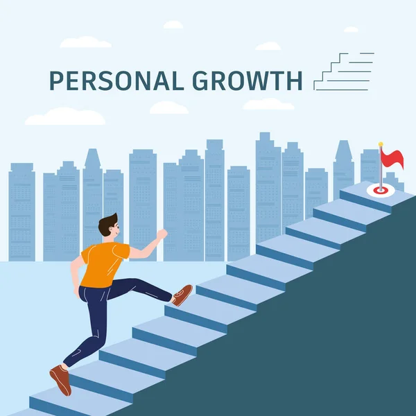 Personal growth Young man running up stairway concept. Self-improvement, self development success, achievement, motivation. Modern flat cartoon style. Vector illustration — Stock Vector