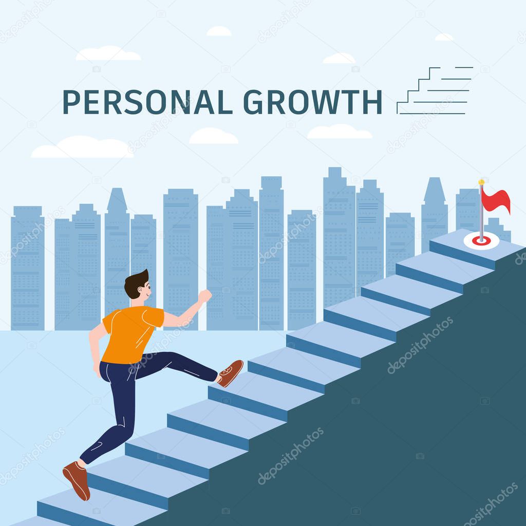 Personal growth Young man running up stairway concept. Self-improvement, self development success, achievement, motivation. Modern flat cartoon style. Vector illustration