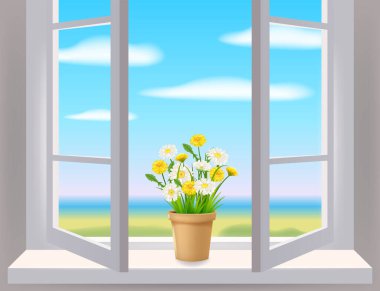 İçerideki pencereyi aç, manzara manzarası, ilkbahar, çiçekli saksı papatya ve pencere kenarında karahindiba. Vektör illüstrasyon şablonu gerçekçi