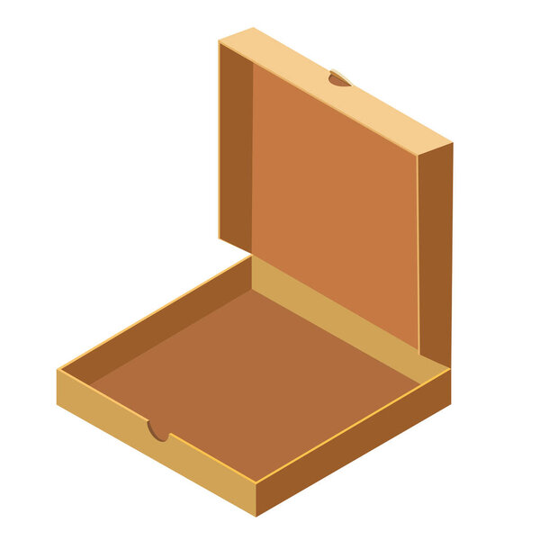 Изометрическая открытая коробка пиццы, доставка. Шаблон упаковки, плоский дизайн. Вектор