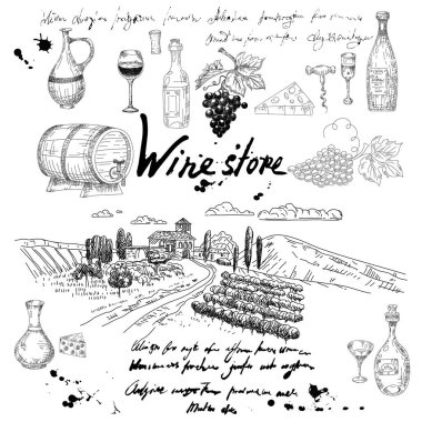 Şarap ürünleri ve üzüm bağlarının el çizimlerini hazırlayın. Üzüm, tahta fıçı, şişe, peynir, bardak, tirbuşon, okunamaz metin. Vektör illüstrasyonu