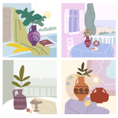 Hayatı soyut minimalizme göre ayarla. Koleksiyon vazosu flora iç soyut elementler şekilleri. Modern poster, afiş, kapak, sosyal medya içeriği. Vektör izole edildi