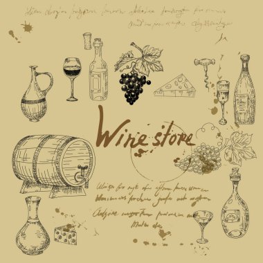 Şarap ürünlerini elle çizilmiş olarak ayarla. Üzüm, tahta fıçı, şişe, peynir, bardak, tirbuşon, okunamaz metin. Vektör illüstrasyonu
