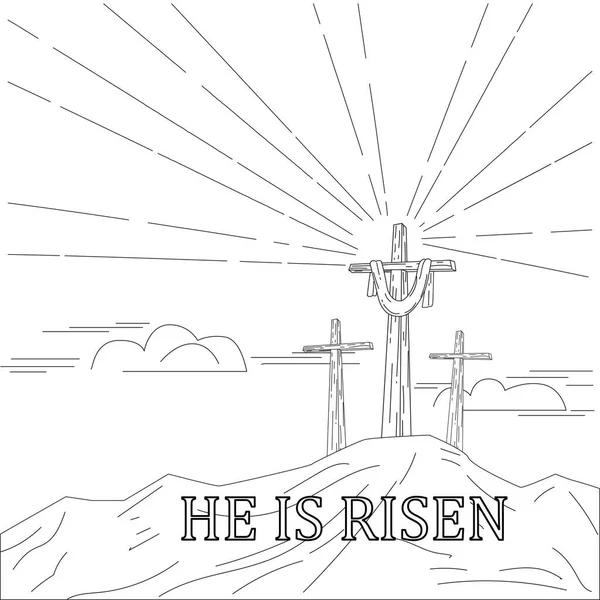 Croce cristiana nella festa religiosa di Pasqua. Testo Lui è risorto, celebra la risurrezione. Schizzo scarabocchio — Vettoriale Stock