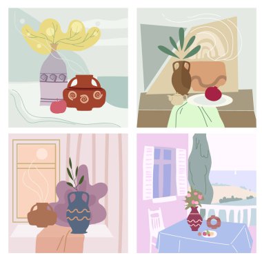 Hayatı soyut minimalizme göre ayarla. Koleksiyon vazosu flora iç soyut elementler şekilleri. Modern poster, afiş, kapak, sosyal medya içeriği. Vektör izole edildi