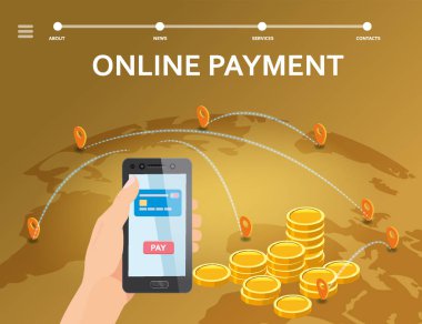 Çevrimiçi ödeme, internet parası tansfer. El ele tutuşan akıllı telefonlar, bozuk paralar, Dünya izometrik gezegeni. Mobil ticaret kavramı, online illüstrasyon alışverişi