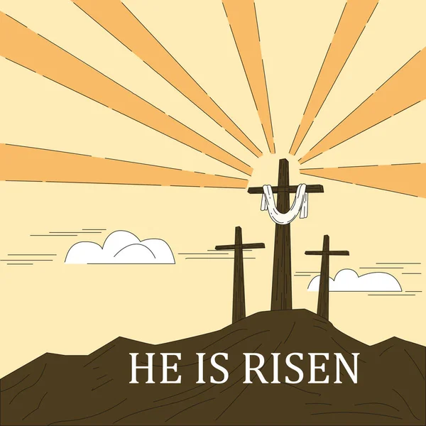 Croce cristiana nella festa religiosa di Pasqua. Testo Lui è risorto, celebra la risurrezione. Schizzo scarabocchio — Vettoriale Stock