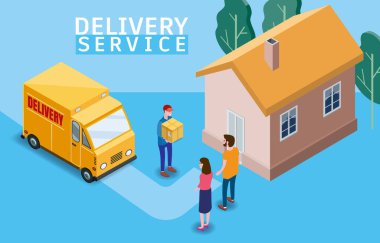 Isometric Express ve Teslimat. Kadın ve erkeğe karton bir kutu kargo. Bedava sevkiyat, 24 saatlik mal teslimatı. Kargo kamyonu, ev, 3 boyutlu vektör izometrik illüstrasyon