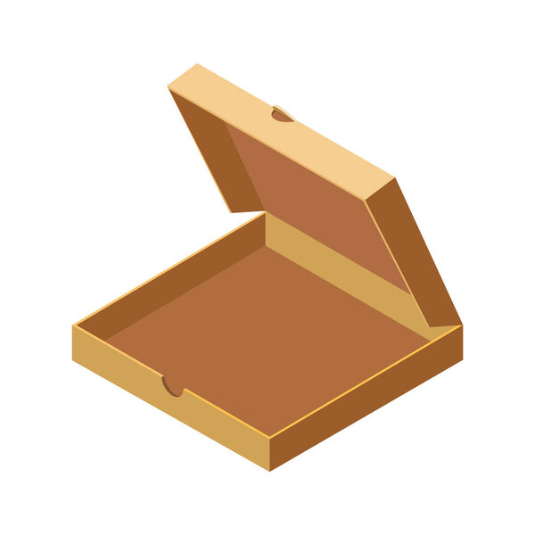 Изометрическая открытая коробка пиццы, доставка. Шаблон упаковки, плоский дизайн. Вектор