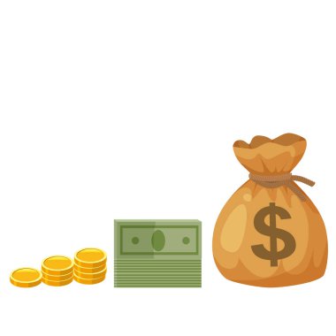 Dolu para, dolar işareti, altın sikke, kağıt para. Çizgi film biçimi vektör illüstrasyonu