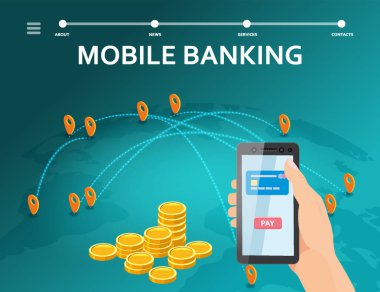 Mobil internet bankacılığı izometrik. El ele tutuşan akıllı telefon, bozuk paralar, izometrik. Mobil ticaret kavramı, online illüstrasyon alışverişi