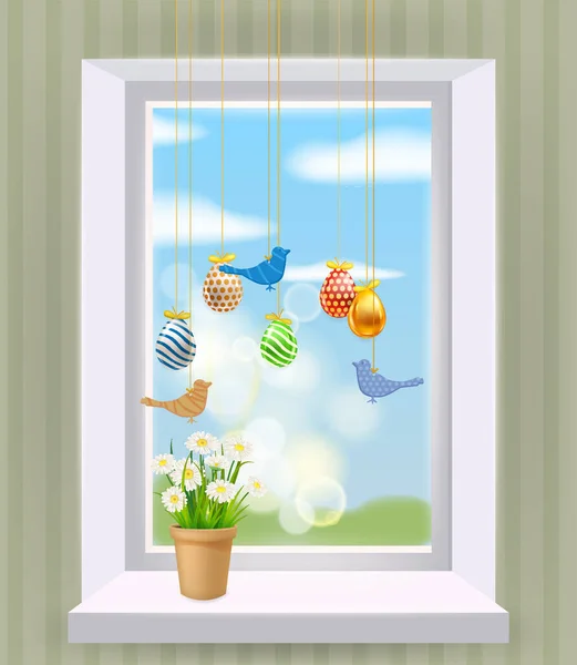Easter window with colored Easter eggs and birds. Colorful spring flowers chamomile, dandelions in pot. Spring holiday poster
