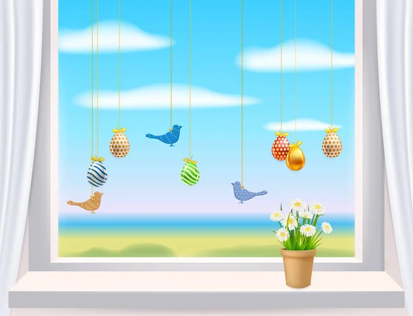 Easter window with colored Easter eggs and birds. Colorful spring flowers chamomile, dandelions in pot. Spring holiday poster