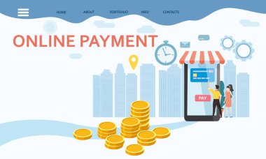 Çevrimiçi ödeme, internet parası tansfer. Kadın ve erkek alıcılar, akıllı telefonlar, bozuk paralar. Mobil ticaret kavramı, online illüstrasyon alışverişi