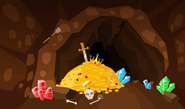 Hazine mağarası, altın yığını, madeni paralar, mücevherler, taç, kılıç, kristaller. Oyun sanatı, uygulamalar. Arkaplan çizgi film biçimi