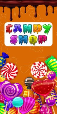 Şekerci, bonbon, lolipop, çikolata, jöle. Kafe, kafeterya, vektör illüstrasyonu, çizgi film biçimi için şablon menüsü