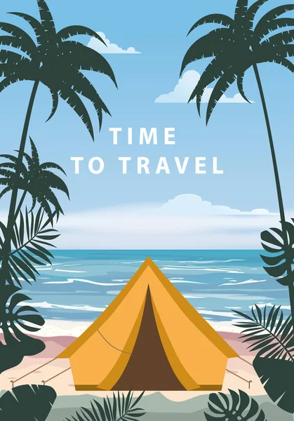 Il est temps de voyager. Tente touristique camping sur la plage tropicale, palmiers. Vacances d'été littoral plage mer, océan, voyage — Image vectorielle