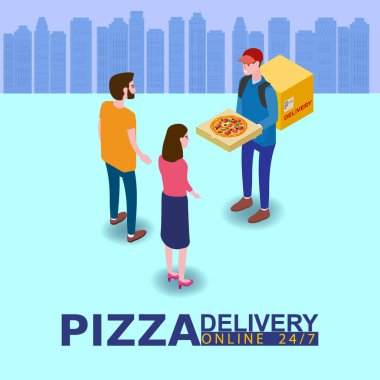 Pizza Teslimat Servisi Isome konsepti. Kurye, erkek ve kadına pizza kutusu veriyor. Hızlı 24 7 nakliye, çevrimiçi yemek sipariş şablonu afişi. Vektör illüstrasyonu 3d izole edildi