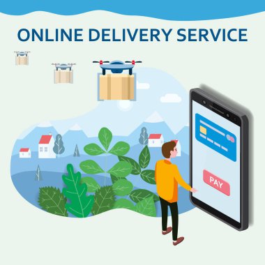 Online Teslimat İHA şablonu. Alıcı akıllı telefon, nakliye, teslimat. E-ticaret konsepti. Çevrimiçi mal siparişi. İzole vektör