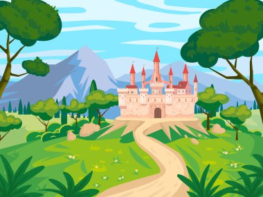 Fantasy landscape with Castle medieval Kingdom rural countryside. Fairytale background mountaines, trees, flora, field road to palace. Vector illustration vector