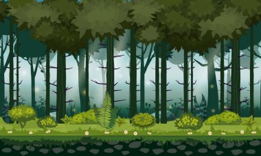 Oyun uygulamaları ve tasarım için ormanın yatay arka planı kusursuz. Doğa ormanı, ağaçlar, çalılar, bitki örtüsü, vektör