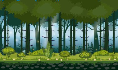 Oyun uygulamaları ve tasarım için ormanın yatay arka planı kusursuz. Doğa ormanı, ağaçlar, çalılar, bitki örtüsü, vektör