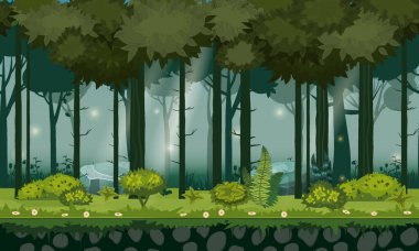 Oyun uygulamaları ve tasarım için ormanın yatay arka planı kusursuz. Doğa ormanı, ağaçlar, çalılar, bitki örtüsü, vektör