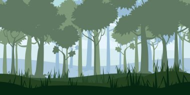 Orman Tropikal Orman yatay arka planı oyun uygulamaları ve tasarım için kusursuz. Doğa ormanı, ağaçlar, çalılar, bitki örtüsü, vektör