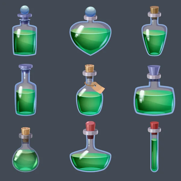Σετ μαγικά μπουκάλια υγρό ελιξίριο φαντασίας φίλτρο. Εικονίδιο παιχνιδιού GUI για τη διεπαφή χρήστη παιχνιδιών εφαρμογών. Διάνυσμα illstration απομονωμένο στυλ κινουμένων σχεδίων σε γκρι φόντο — Διανυσματικό Αρχείο