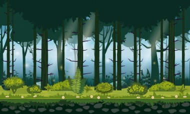 Oyun uygulamaları ve tasarım için kusursuz orman manzarası yatay arka plan. Doğa ormanı, ağaçlar, çalılar, bitki örtüsü, vektör