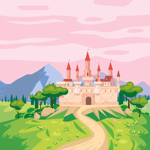 Fantasy landscape with Castle medieval Kingdom rural countryside. Fairytale background mountaines, trees, flora, field road to palace. Vector illustration — Stock Vector