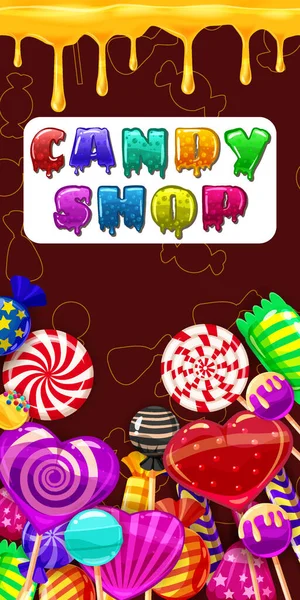 Candy Shop, γλυκό διαφορετικό bonbon, γλειφιτζούρια, σοκολάτα, ζελέ. Πρότυπο μενού για caffe, καφετέριες, διανυσματική απεικόνιση, στυλ κινουμένων σχεδίων — Διανυσματικό Αρχείο