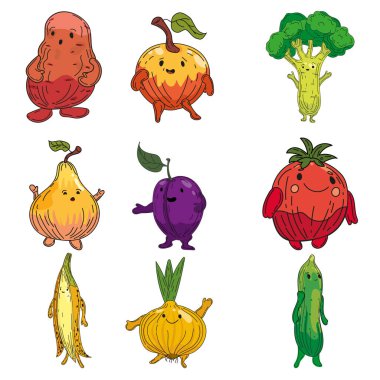 Sebzeler el çizimi çizgi film karakterleri. Patates, soğan, erik, armut, guguk, soğan, muz.
