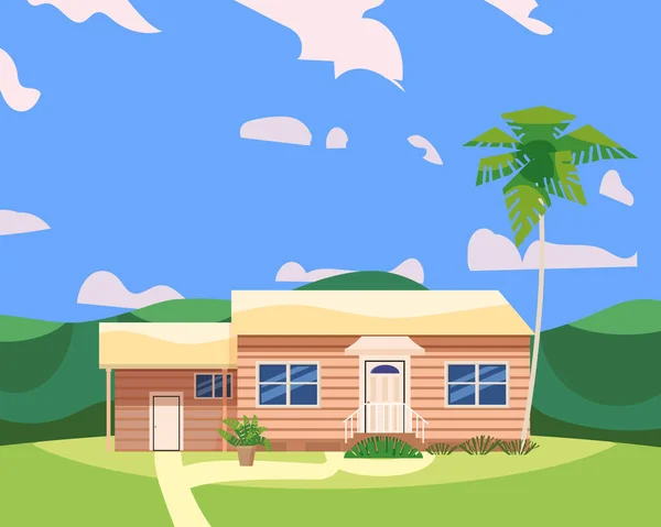 Residential Home Building in landscape tropic trees, palms. House exterior facades front view architecture family cottage house or mansion apartments, villa. Suburban property — Stock Vector