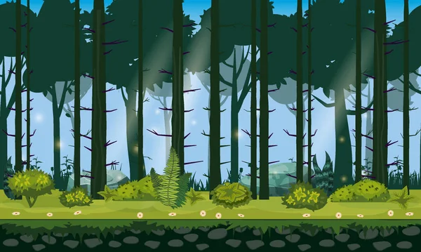Paisagem floresta sem costura fundo horizontal para aplicativos de jogos, design. Natureza madeiras, árvores, arbustos, flora, vetor — Vetor de Stock