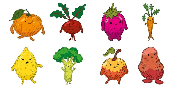 Gemüse setzt handgezeichnete Skizzenfiguren Cartoon. Sammlung Orange, Rote Bete, Erdbeere, Karotte, Zitrone, Brokkoli, Apfel, Kartoffel — Stockvektor