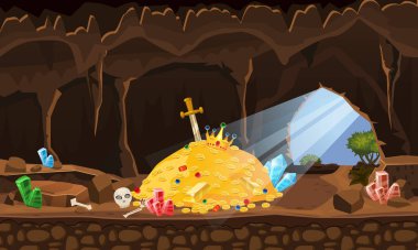 Treasure cave, gold pile, coins, gems, crown, sword, crystals. Concept art for game, apps. Background cartoon style clipart