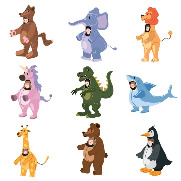 Ensemble Acteurs en loup animal, licorne, ours, élépfant, lion, requin, girafe, pingouin, costume de dinosaure. Soirée à thème, Anniversaire enfant, Animateur pour enfants, artiste portant le personnage de l'interprète pour les vacances — Image vectorielle