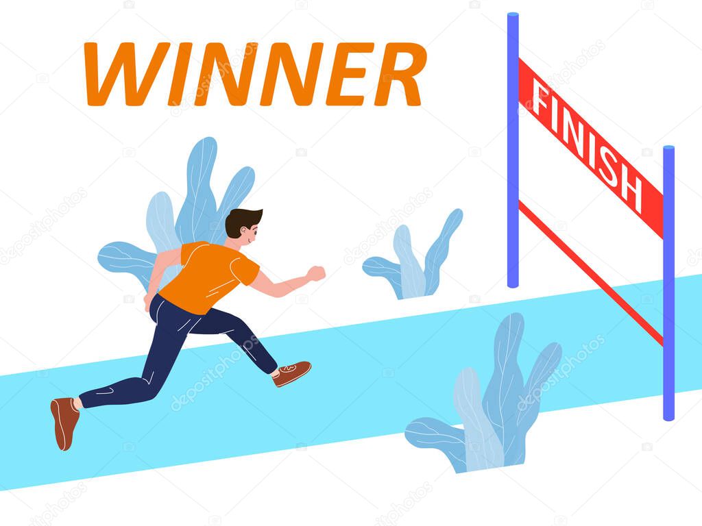 Running athlete man run to Finish Line. Competition marathon, sprint distance race. Vector illustration