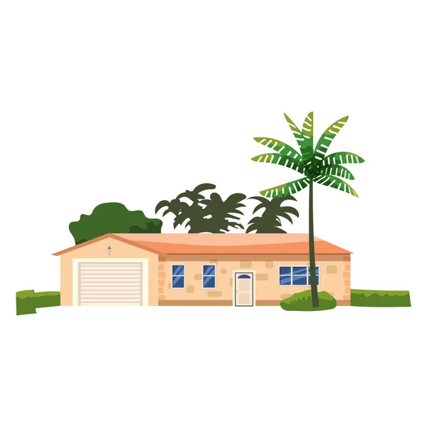 Residential Home Building, tropic trees, palms. House exterior facades front view architecture family cottage house or mansion. Suburban property — Stock Vector