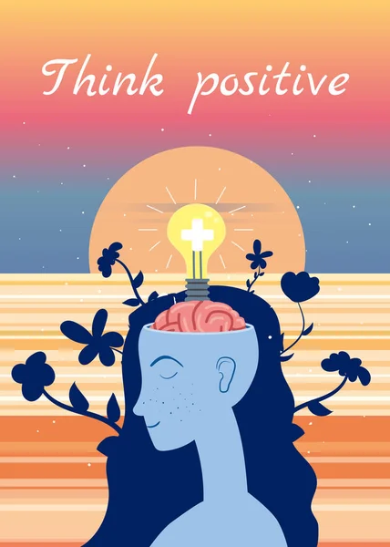 Think Positive. Young beautiful woman dreaming at the ocean coast sunset. Positive Mind Girl with an open brain opens idea, bulb, mind wellness, relax, enjoy summer vacation. Seaside tropical view — Stock Vector